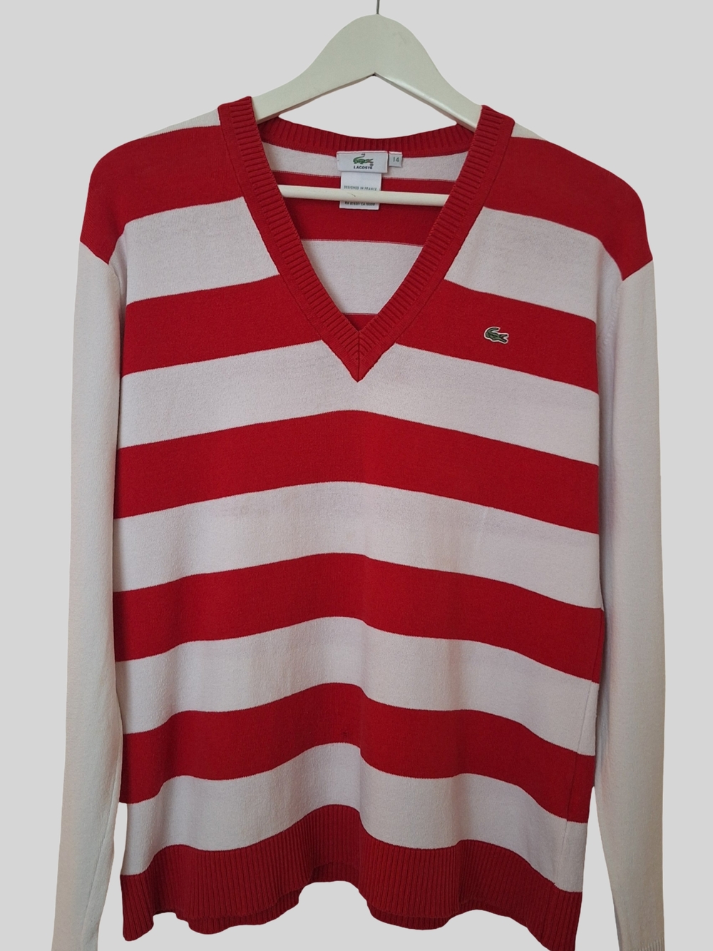 Lacoste Red & White Striped V-Neck Sweater